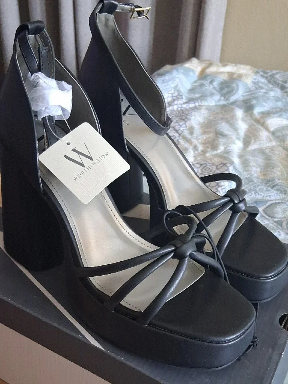 Worthington Black Lace-Up Platform Block Heels